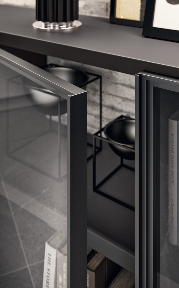 无烟煤灰色饰面框架门板，配透明烟熏色玻璃 &nbsp;